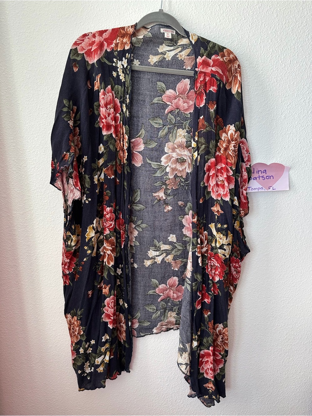 Xhilaration Navy Blue Floral Kimono Cardigan with Pink & Red Flowers